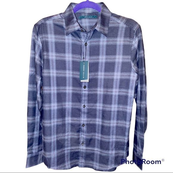 NWT Perry Ellis Untucked Blue Paid Button Front Long Sleeve Shirt - Picture 1 of 5